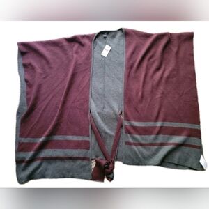 Ann Taylor Factory Women's Burgundy & Gray Belted Shawl Sweater One Size New